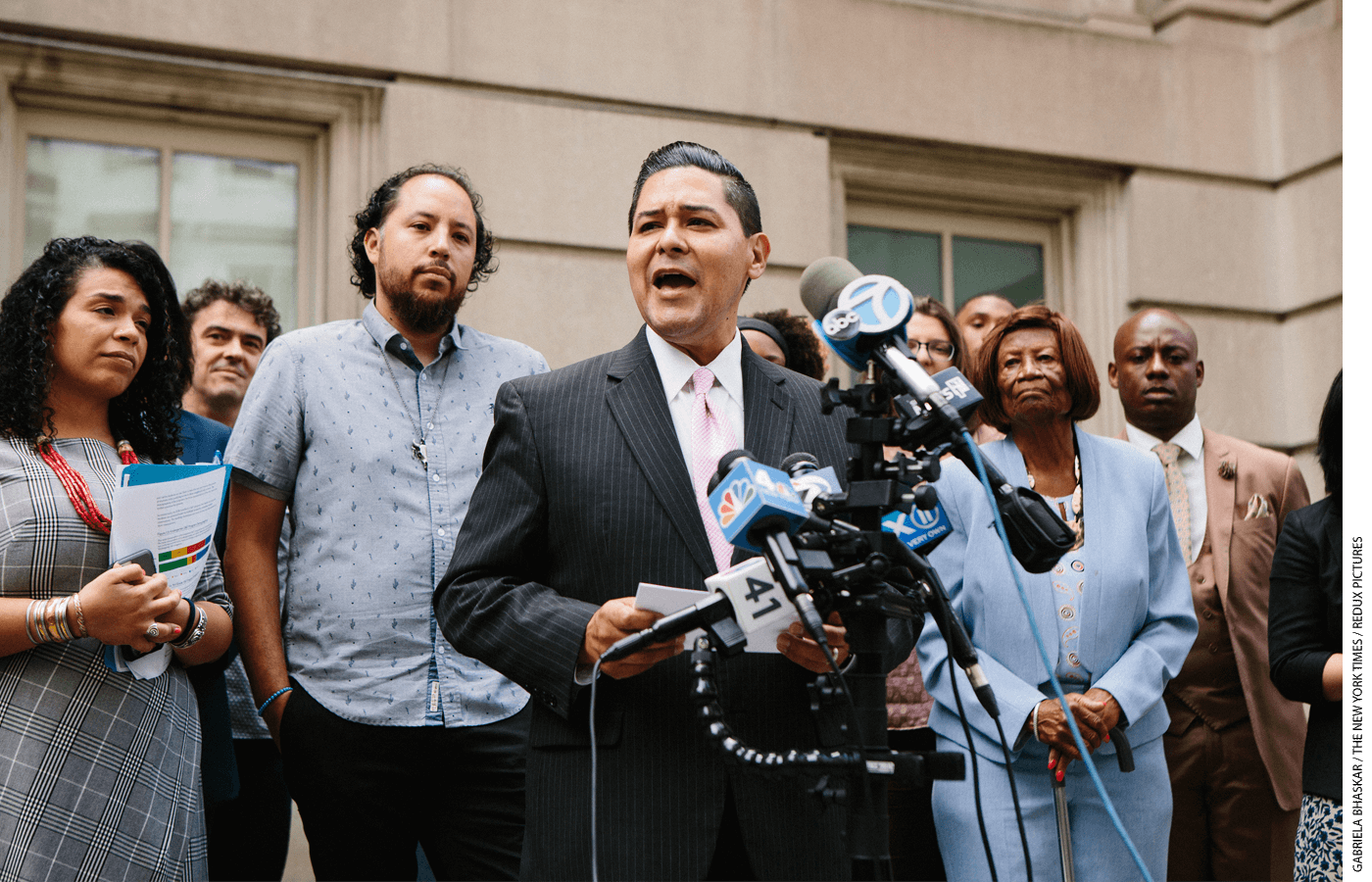 Richard Carranza, schools chancellor for New York, speaks during a news conference in front of the city’s Department of Education.