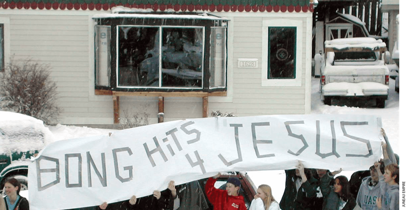 Joseph Frederick, a 12th-grade student in Juneau, Alaska, created the “BONG HiTS 4 JESUS” banner and displayed it across the street from his school during a parade.