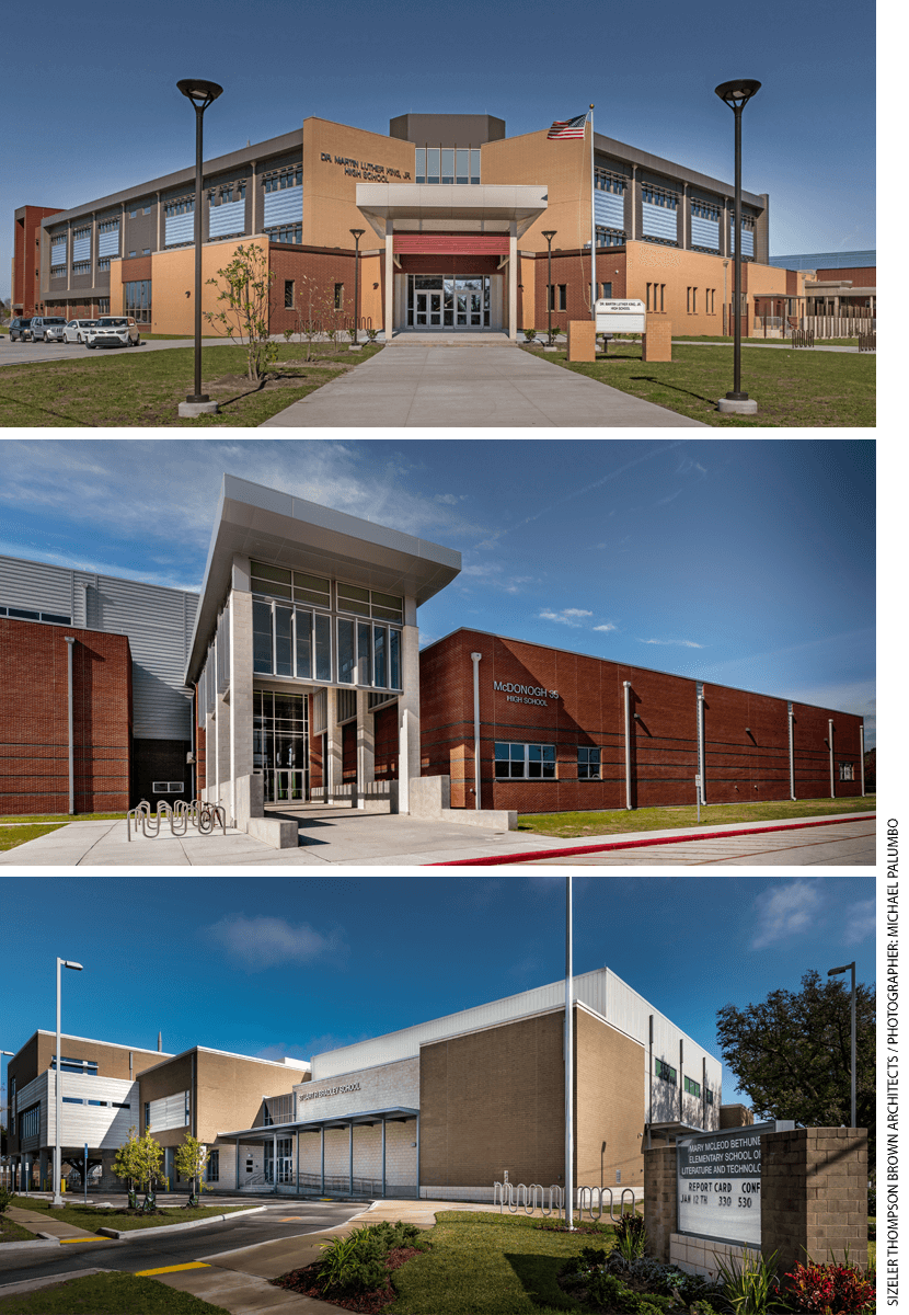Three New Orleans schools, from top: Dr. Martin Luther King Jr. High School, McDonogh 35 Senior High School, and Mary McLeod Bethune Elementary School