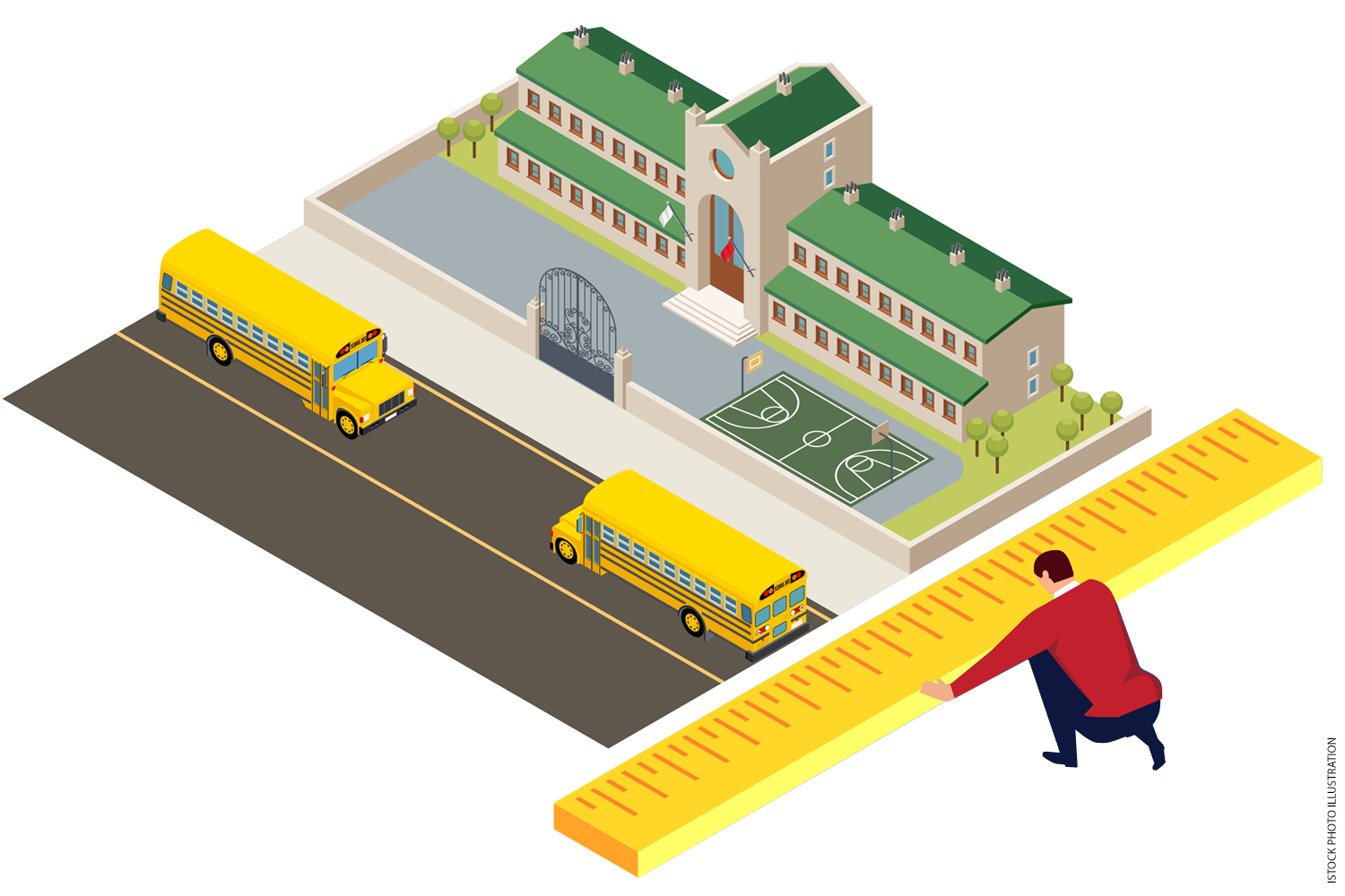 Illustration of a man measuring a school with an oversized ruler